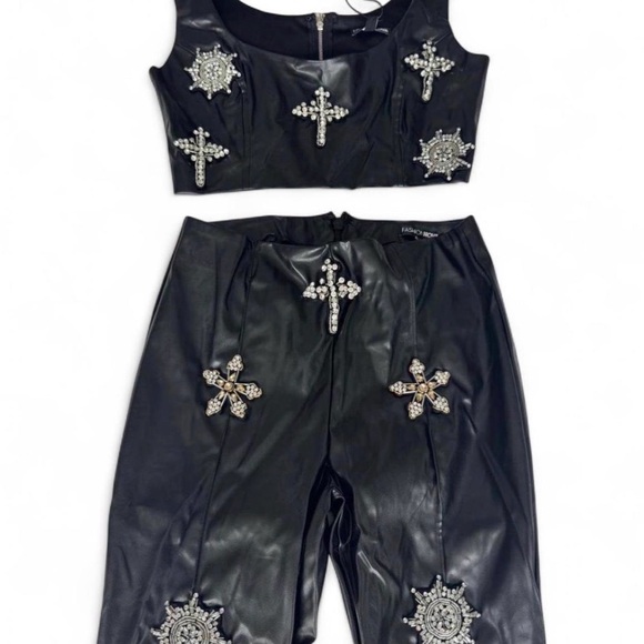 Fashion Nova Black Faux Leather Embellished Flare Pants - Picture 3 of 5